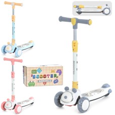 Самокат «Mini» 3-колісний зі світлом на металевій рамі, колеса ПУ, 2 передні 113 мм, заднє 75 мм, кермо 56-69 см, складаний, в асортименті, у коробці.