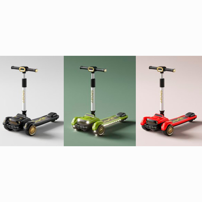 Самокат 3-колісний музичний зі світлом на металевій рамі, колеса ПУ, 2 передні 110 мм, заднє 80 мм, кермо 70-84 см, складаний, в асортименті, у коробці 63х36х19 см.