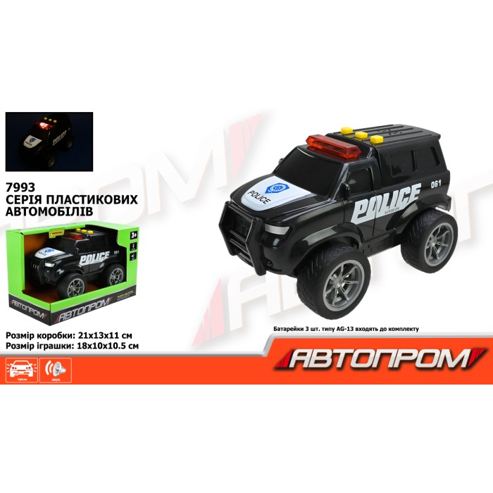 Машина «Поліція» 18 см зі світлом та звуком, на батарейці, у коробці 21х13х11 см, АВТОПРОМ