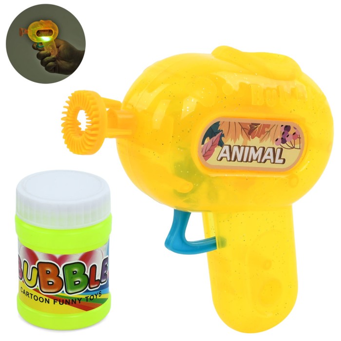 Мильні бульбашки «Пістолет» 11 см механічний зі світлом та запаскою 6 см, на батарейці, у пакеті 17х15х4 см