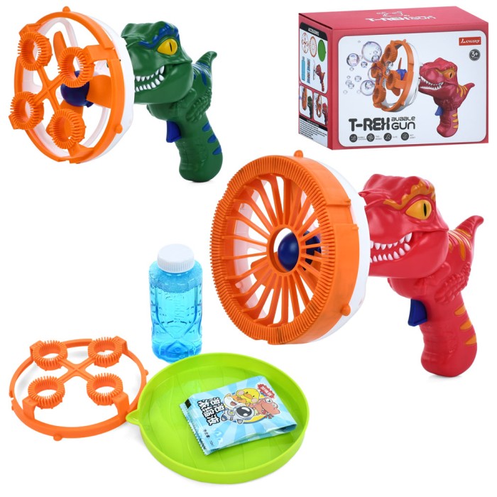 Мильні бульбашки «Динозавр» з вентилятором, 2 насадками, запаскою 10,5 см, на батарейці, у коробці 20х14,5х13 см