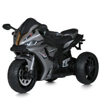 Мотоцикл на акумуляторі 12 V 5 AH з 2 моторами 35W музичний зі світлом, MP3, TF, USB, BLUETOOTH, колесами з EVA, шкіряним сидінням, сріблястий.
