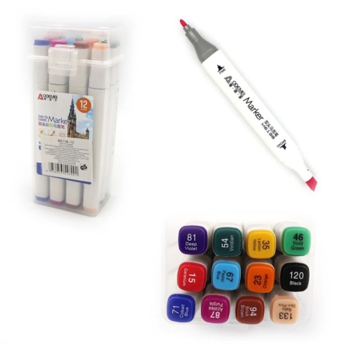 Набір скетч маркерів на 12 кольорів двосторонніх зі кругл/скошеним наконечником, у пластиковому футлярі, ТМ J.Otten