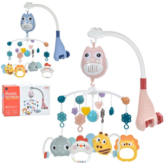 Карусель на ліжечко з підвісками музична з кнопками гучності, на батарейках, в асортименті, у коробці 37х25х6,5 см