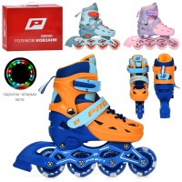 Ролики 31-34 розміру розсувні зі шнурівкою та пряжккою на алюмінієвій рамі, колесами ПУ 64 мм зі світлом, в асортименті, у коробці