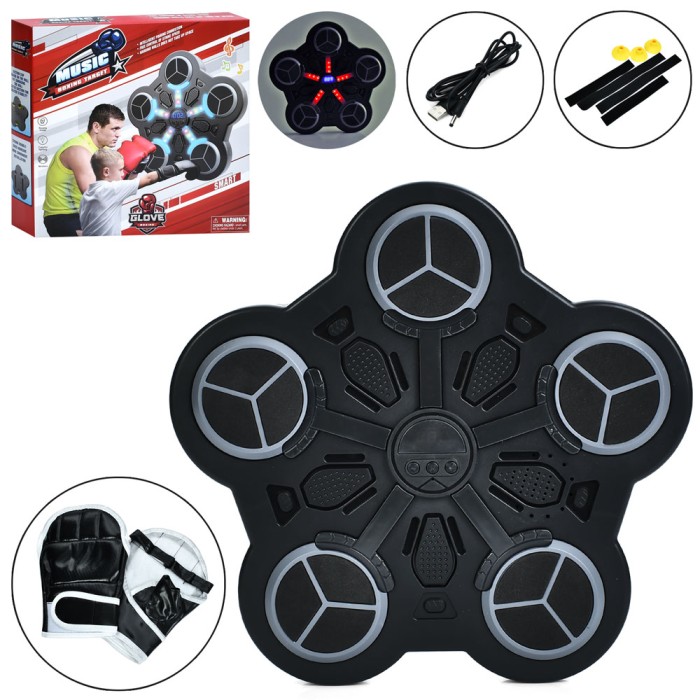 Боксерський набір 34x33x4 см на акумляторі: настінний боксерський тренажер з 5 мішенями та рукавички, з музикою та світлом, у коробці 35х35х7 см