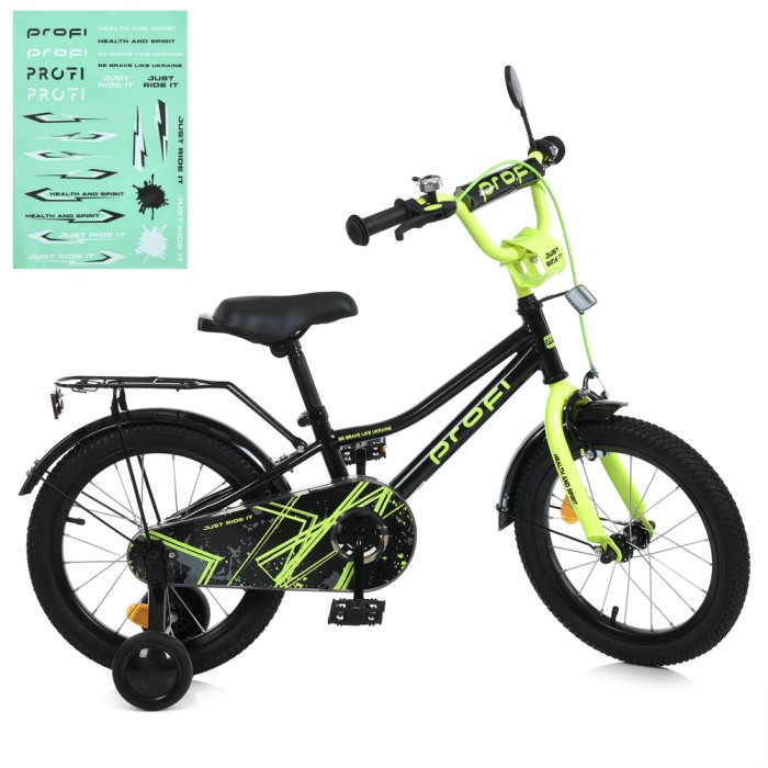 Велосипед дитячий «PROF1 PRIMЕ» з колесами 14 дюймів, дзвіночоком, ліхтариком, багажником та додатковими колесами, чорно-салатовий.