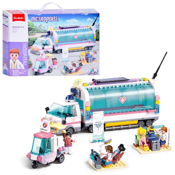Конструктор «Рожева серія. Лікарня на колесах. Кафе-морозиво на колесах» на 477 деталей з фігурками, в коробці 42,5х33х7 см, SLUBAN