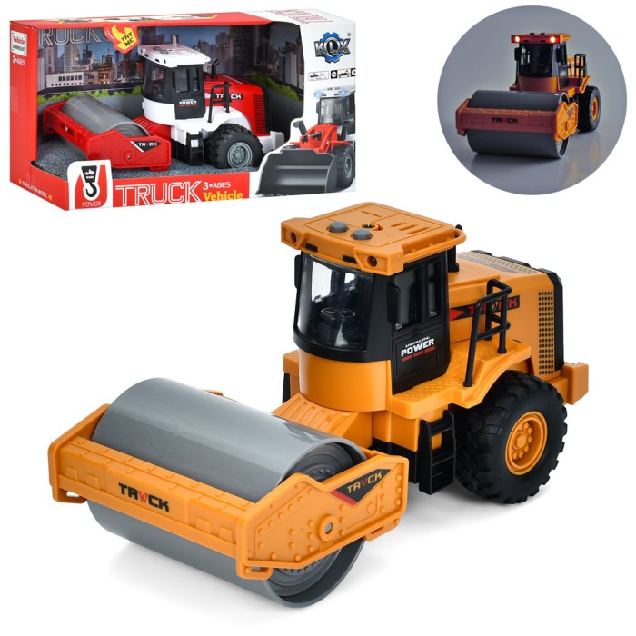 Дорожній каток 21 см 1:43 інерційний зі звуком, світлом, рухомими деталями, гумовими колесами, на батарейці, в асортименті, у коробці 30х15,5х12 см