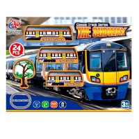 Залізниця на 24 детялі довжиною 462 см: локомотив та 2 вагони зі звуком, світлом, дорожніми знаками, на батарейці, у коробці, 45,5х35,5х6,5 см.