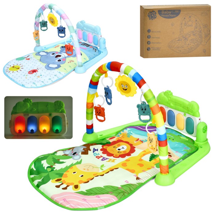 Килимок для немовляти 72х47,5 см з дугою на 5 підвісок, піаніно з музикою, світлом, на батарейці, в асортименрті, у коробці 40,5х29,5х9 см