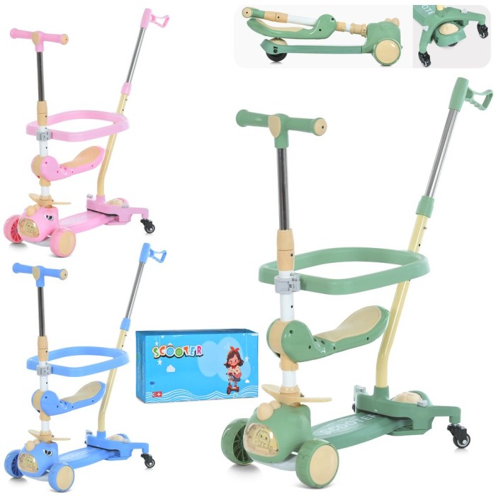 Самокат-біговел 5 в 1 3-колісний на металопластиковій рамі, 2 передніх ПУ 110 мм зі світлом, заднє ПВХ 85 мм, з баьківською ручкою, в асортименті