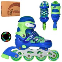 Ролики 31-34 розміру розсувні зі шнурівкою та застібкою на алюмінієваій рамі з колесами ПУ 64 мм, сині, у коробці