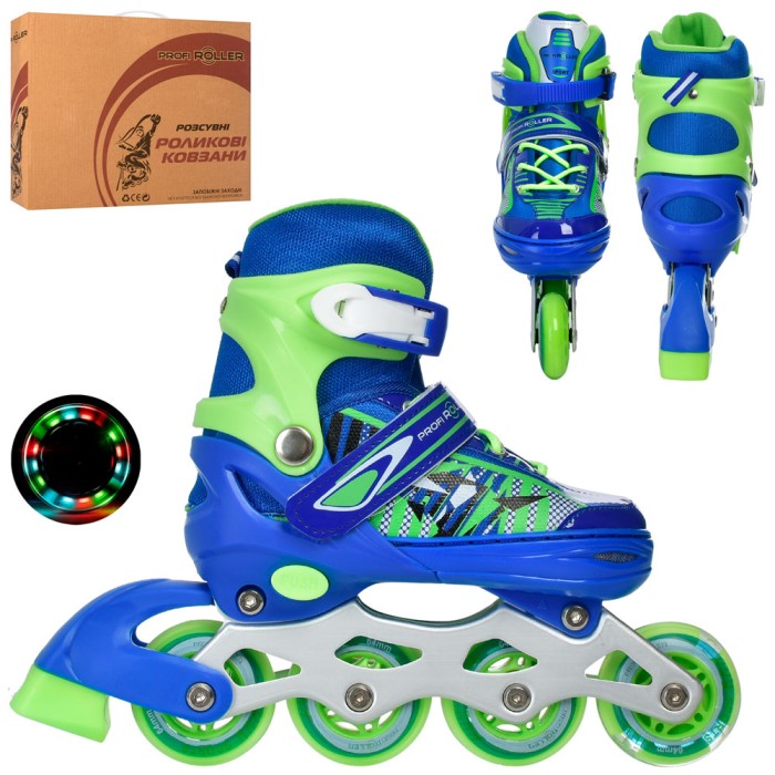 Ролики 31-34 розміру розсувні зі шнурівкою та застібкою на алюмінієваій рамі з колесами ПУ 64 мм, сині, у коробці