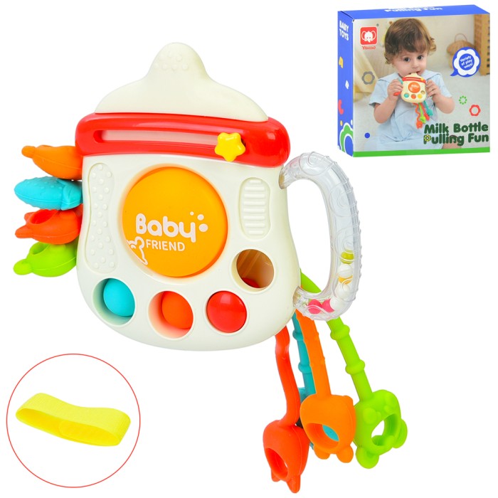 Брязкальце «Пляшечка» 11 см з рухомими деталями, прорізувачем та грою Pop it, у коробці 12х43,5х11,5 см