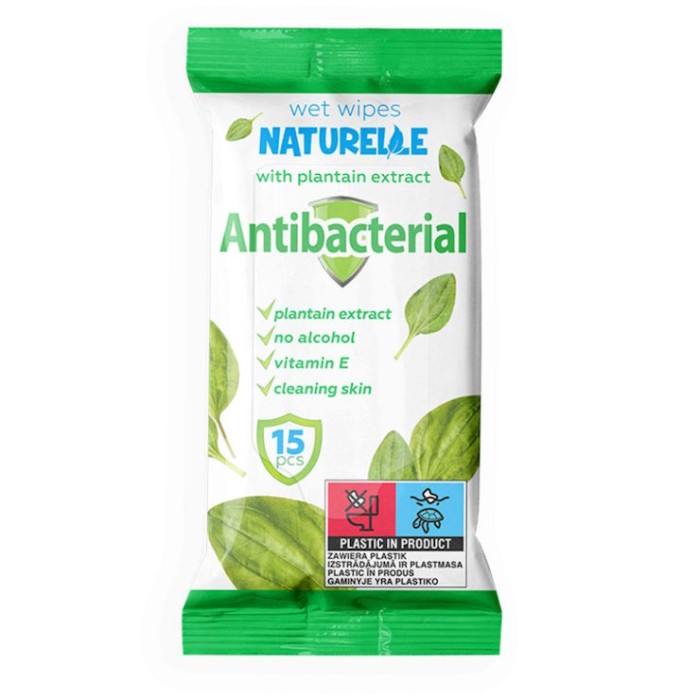 Вологі серветки «NATURELLE» антибактеріальні з подорожником, 15 шт.
