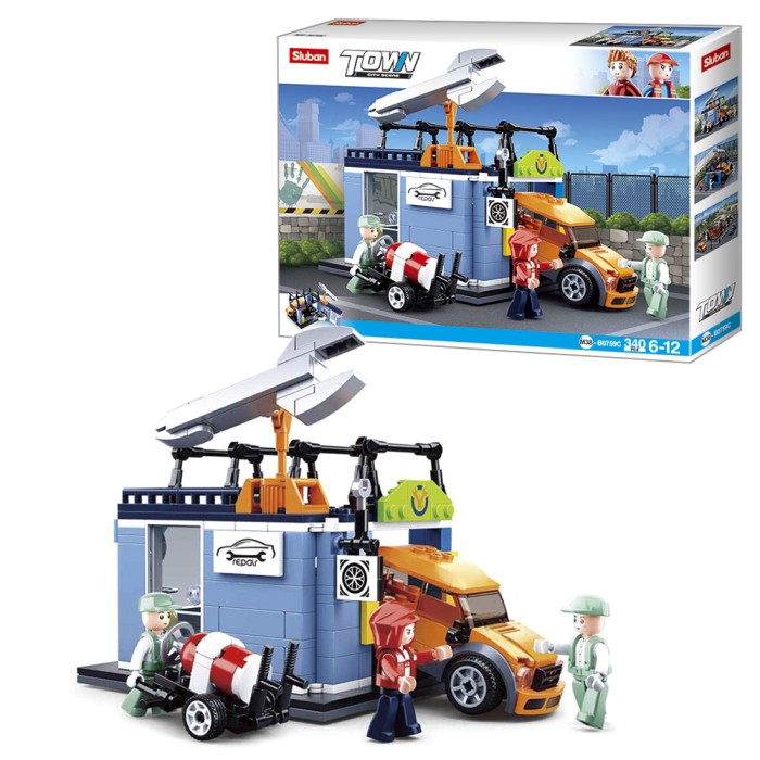 Конструктор «СТО» на 340 деталей з транспортом та фігурками, у коробці 38х28,5х7 см, Sluban