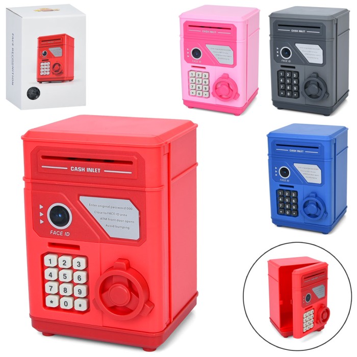 Скарбничка-сейф 13х19х13 см музична зі звуком та світлом та кодом, затягує купюри, на батарейці, в асортименті, у коробці 15х21,5х14 см
