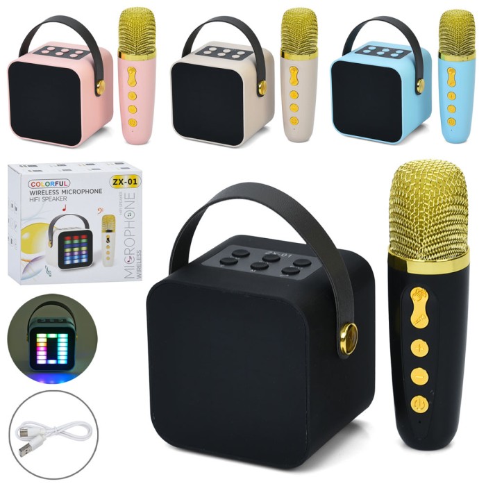Колонка 8,5х8,5х7 см та мікрофон 13,5 см на акумуляторі зі світлом, Bluetooth, слотом для TF-картки, FM, MP3, в асортименті, у коробці