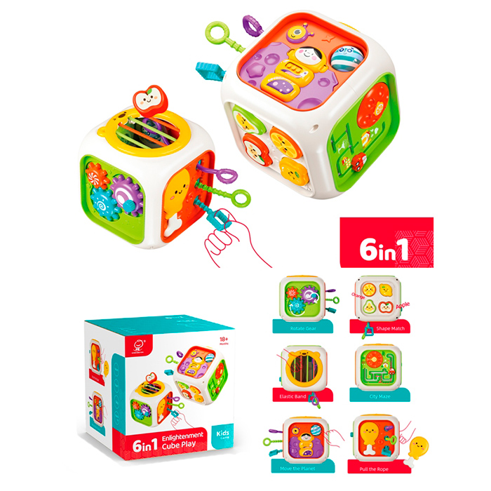 Бізі-куб 14 см 6 в 1з шестернями, сортером, стінками з гуми, 4 фігурками, лабіринтом, диском-перетворювачем та рухомими деталями, у коробці 15х15х14 см