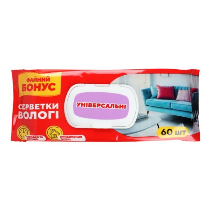 Вологі серветки господарські універсальні, 60 шт в упаковці з клапаном, ТМ Файний бонус