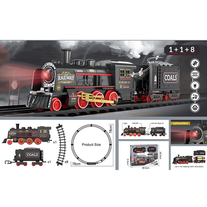Залізниця 78х78 см зі світлом та звуком: локомотив та вагон, на батарейці, у коробці 36,5х26,5х5,5 см