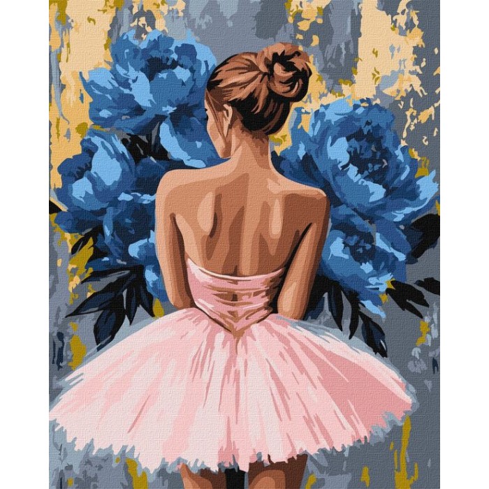 Картина за номерами «Балерина з блакитними піонами» 40х50 см з фарбами металік, ТМ Ідейка