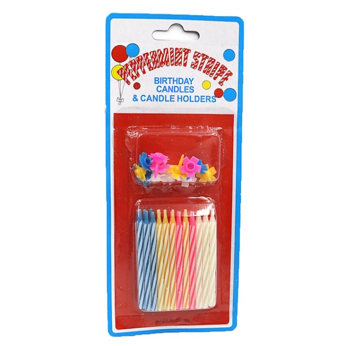 Набір свічок для торта «З Днем Народження» з 24 штук по 0,3х5,3 см та 12 підставок