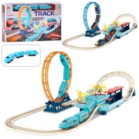 Залізниця 148х62х41 см з 50 елементів на акумуляторі з музикою та USB: локомотив та 2 вагони, в асортименті, у коробці, 55х36х9,5 см.