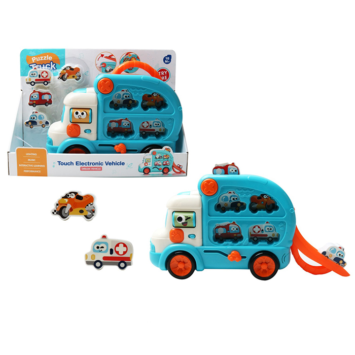 Трейлер 26 см музичний зі звуком, світлом, сортером та треком, на батарейці, у коробці 34,5х25х9,5 см