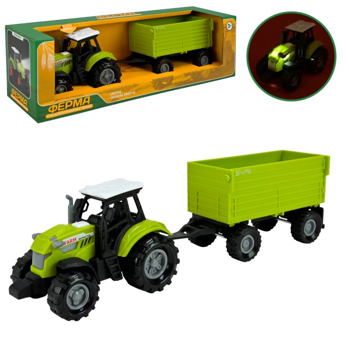 Трактор з причепом 25 см зі світлом та звуком, на батарейці, у коробці 29х8х8,5 см.
