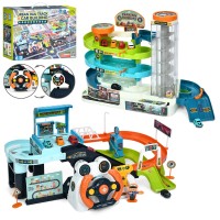 Автотренажер-гараж 2 в 1 музичний зі світлом, ліфтом, рухомими деталями та 6 машинками по 2,5 см, у коробці 39х30х18 см