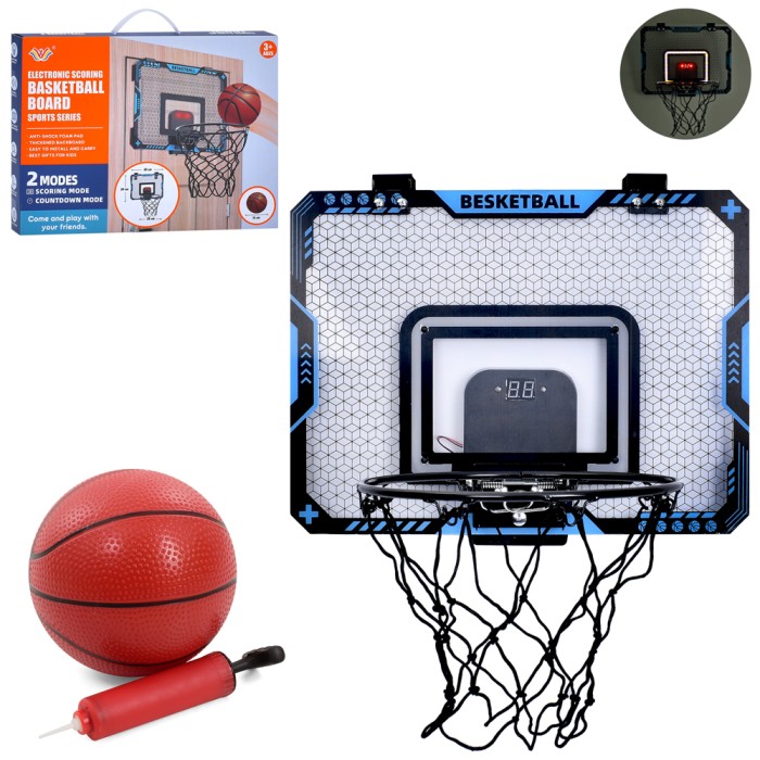 Набір баскетбольний зі світлом та звуком: металеве кыльце 25 см з сіткою, щит 40х30 см, електронний лічильник, таймер, м'яч, насос, на батарейці, у коробці 31х41х5 см