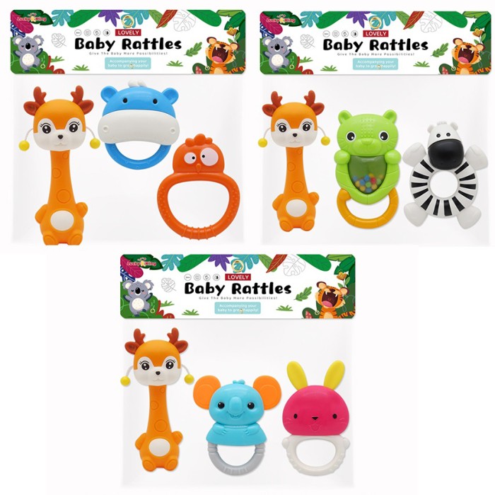 Набір брязкалець «Тваринки» з 3 штук 10-15 см, в асортименті, у пакеті 17х22х5 см