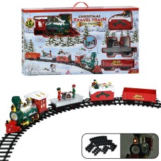 Залізниця на 34 елементи зі звуком та світлом: колії 666-265х130 см, локомотив, 3 вагони, різдвяний декор, на батарейці, у коробці 81х48х13,5 см