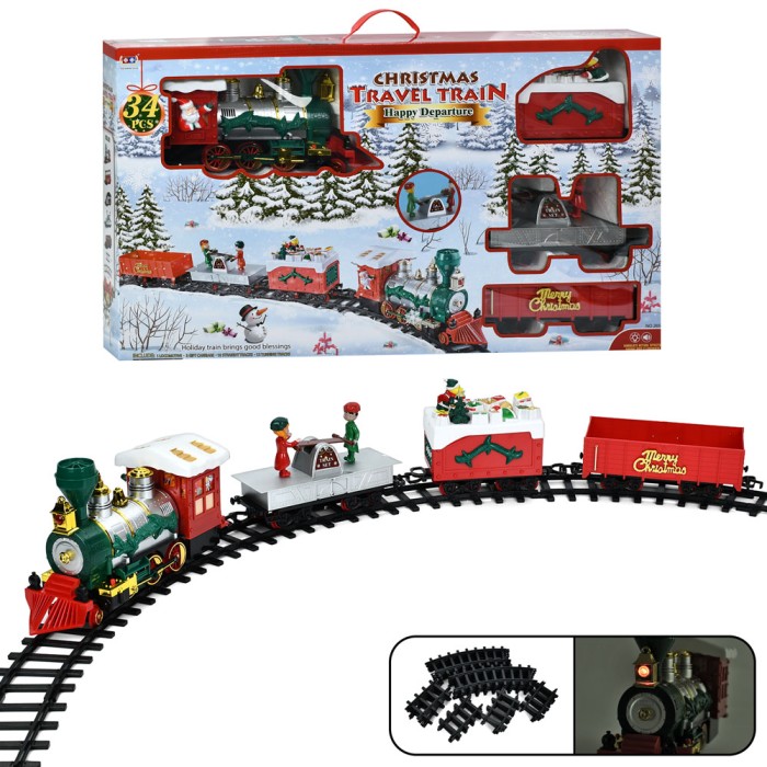 Залізниця на 34 елементи зі звуком та світлом: колії 666-265х130 см, локомотив, 3 вагони, різдвяний декор, на батарейці, у коробці 81х48х13,5 см