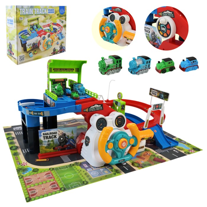 Паркінг зі звуком та 4 паровозики, на батарейці, у коробці 29,5х27х12,3 см