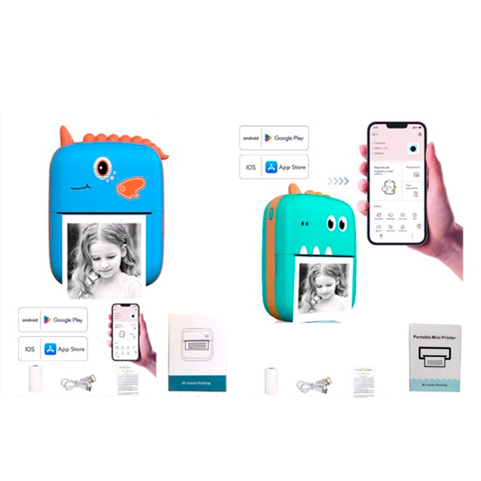 Міні-термопринтер «Динозавр» портативний 8х11х4 см з Bluetooth, APP, акумулятором, USB та папером, в асортименті, у коробці 9х12х5 см.