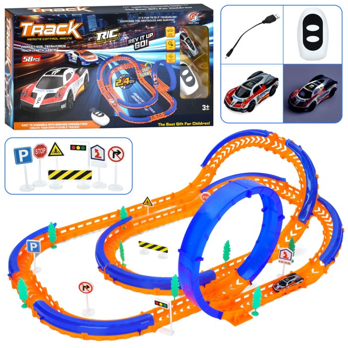 Трек 458/78х54х26 см на 58 деталей та машинка 8 см р/к 2,4G на акумуляторі зі світлом, USB та дорожніми знаками, у коробці 48х27х7 см.