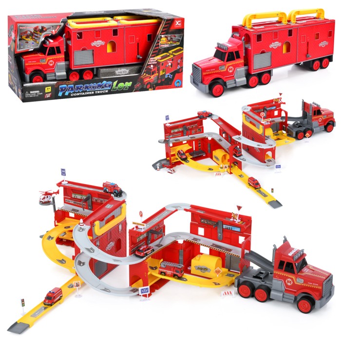 Гараж-трейлер 2 в 1 з причепом 59 см зі світлом, звуком, транспортом та дорожніми знаками, на батарейці, у коробці 61х26х18,5 см