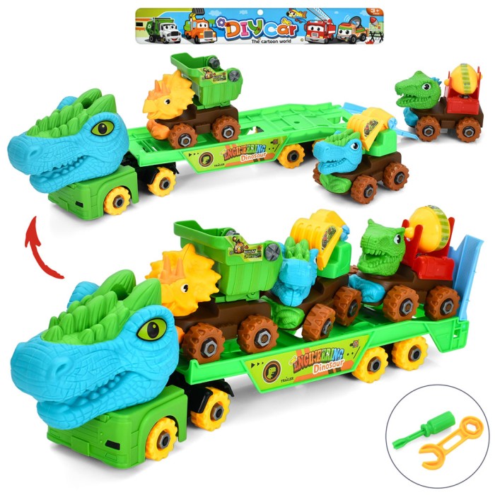 Конструктор «Трейлер-динозавр» 42 см на гвинтах з 3 машинками-динозаврами та, викруткою, у пакеті 50х22х9 см