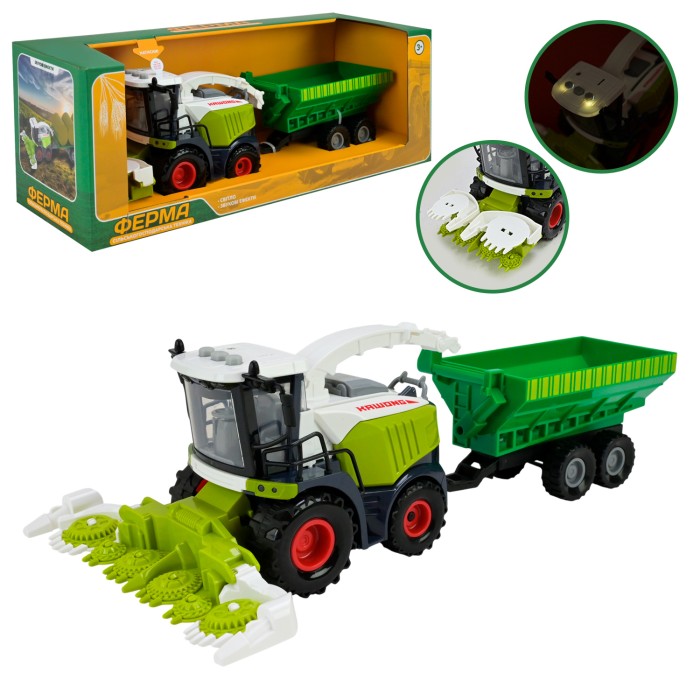 Комбайн з причепом, світлом та звуком, на батарейці, у коробці 40х13х14,5 см