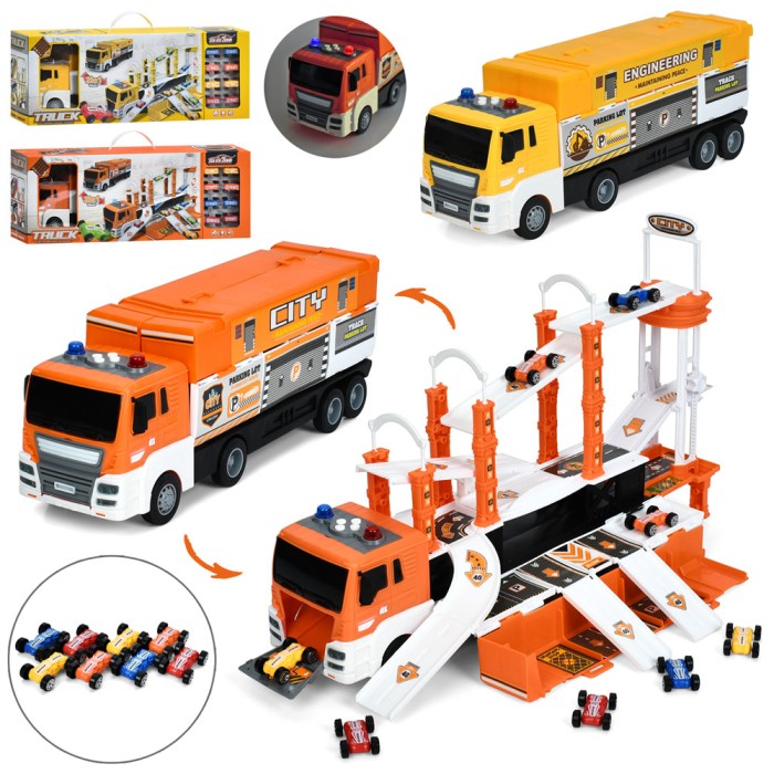 Трейлер 42 см інерційний з гаражем-треком 50х38х31 см зі звуком, світлом, 8 машинками по 4,5 см, на батарейці, в асортименті, у коробці 58,5х22х15 см