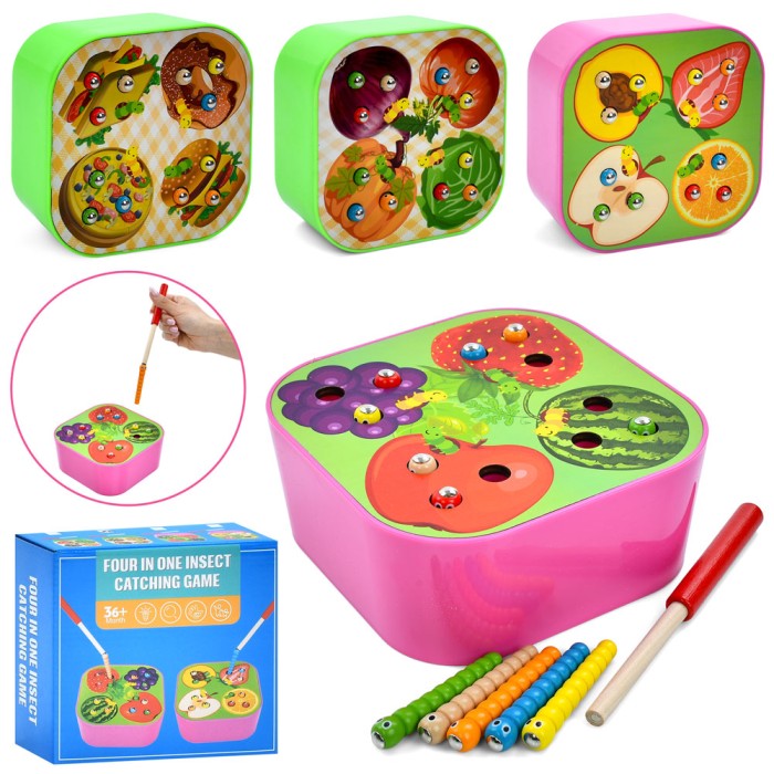 Риболовля «Витягни гусінь» дерев'яна магнітна: ігрове поле 15х15х6 см, 1 вудка та 12 гусениць, в асортименті, у коробці 16,5х16х7 см