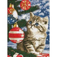 Набір з алмазною мозаїкою «Кошеня під ялинкою» 30х40 см зі стразами AB, ТМ Ідейка