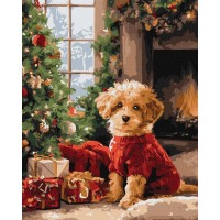Картина за номерами «Пудель біля ялинки» 40х50 см, ТМ Ідейка