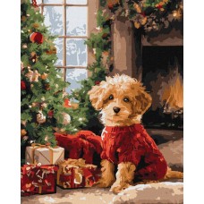 Картина за номерами «Пудель біля ялинки» 40х50 см, ТМ Ідейка