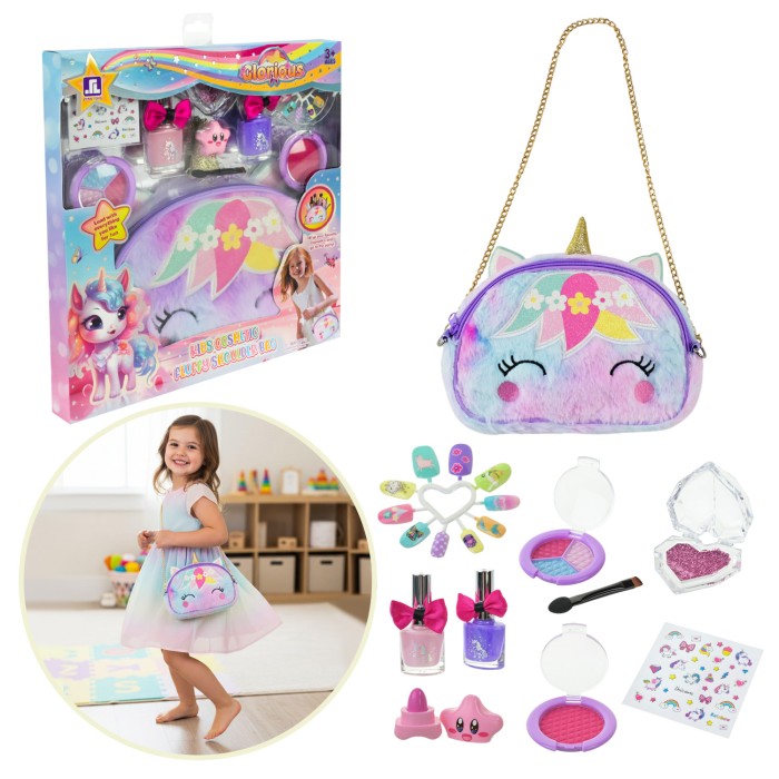 Дитяча косметика: помада, тіні, блискітки, лак для нігтів, нігті, наліпки, косметичка, у коробці 26х2,5х27 см