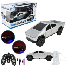 Машина «Tesla Cybertruck» р/к на акумуляторі зі світлом та зарядною станцією, у коробці 30х17х15 см