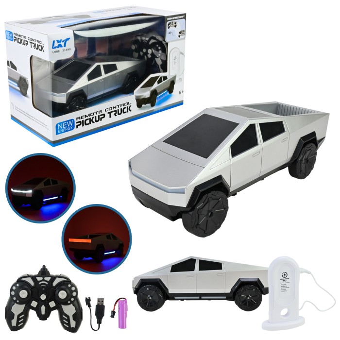 Машина «Tesla Cybertruck» р/к на акумуляторі зі світлом та зарядною станцією, у коробці 30х17х15 см